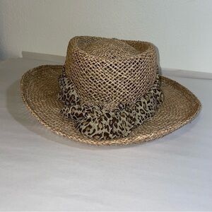 Straw Hat with Cheetah Leopard Print Sash Detail